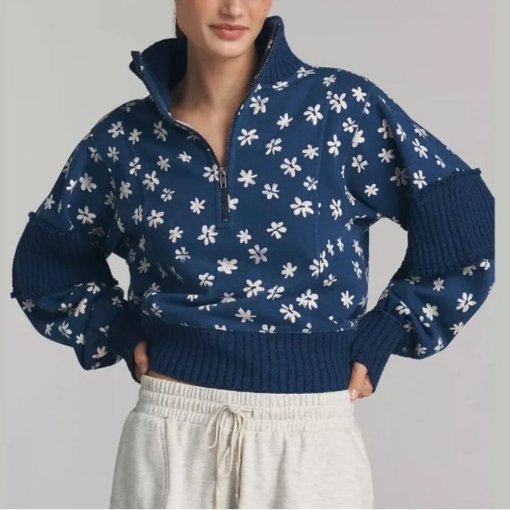 Anthropologie Daily Practice Indy Half Zip Pullover Sweatshirt Blue Daisy